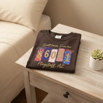 Espresso brown Comfort Colors t-shirt featuring 86001 Flagstaff Arizona zip code design printed on front chest