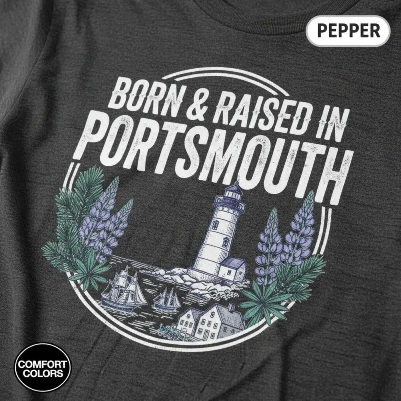 born and raised in portsmouth shirt 603 nh city pride tee comfort colors t shirt closeup detail pepper