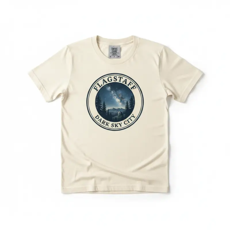 flagstaff-dark-sky-shirt-stargazing-city-arizona-tee-comfort-studio-frontal-ivory.webp Ivory Comfort Colors garment-dyed t-shirt featuring Flagstaff dark sky constellation graphic and Stargazing City typography, front view on studio background