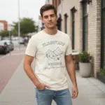 Young man wearing ivory Comfort Colors t-shirt with bold Flagstaff Grand Canyon Gateway city pride graphic on a city street