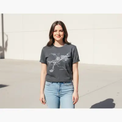 Woman wearing pepper-colored Comfort Colors t-shirt featuring Flagstaff downtown street grid and Route 66 map design in outdoor sunlight