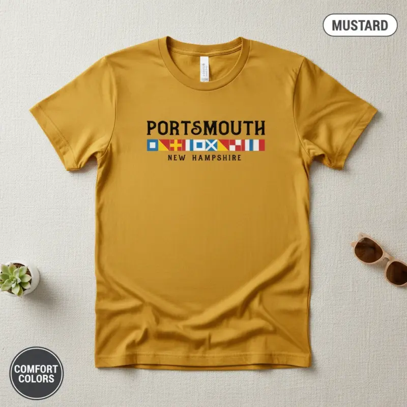 portsmouth new hampshire nautical flags comfort colors t shirt flatlay mustard