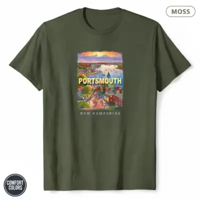 Moss green Comfort Colors garment-dyed t-shirt featuring Portsmouth New Hampshire seaport nautical graphic with sailboats, lighthouse, and harbor typography