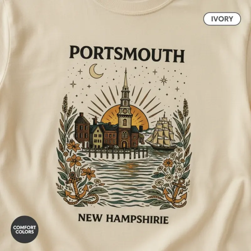 portsmouth-skyline-shirt-harbor-steeple-new-hampshire-tee-comfort-colors-t-shirt-closeup-detail-ivory.webp Ivory Comfort Colors t-shirt featuring a minimalist Portsmouth NH skyline illustration with harbor waterfront and colonial church steeples -- close-up detail view