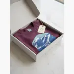 Berry garment-dyed Comfort Colors t-shirt featuring Taos Ski Valley New Mexico mountain ski graphic in product packaging