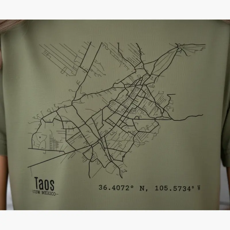 taos street map shirt plaza downtown hometown tee comfort colors t shirt closeup detail moss