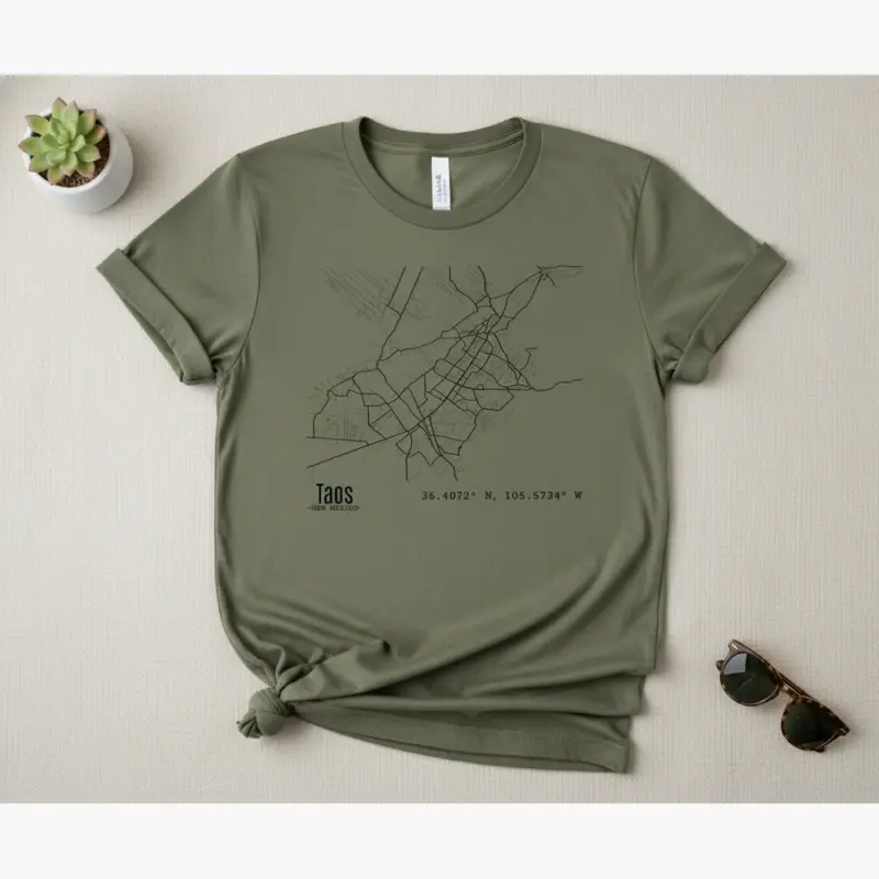 taos street map shirt plaza downtown hometown tee comfort colors t shirt flatlay moss